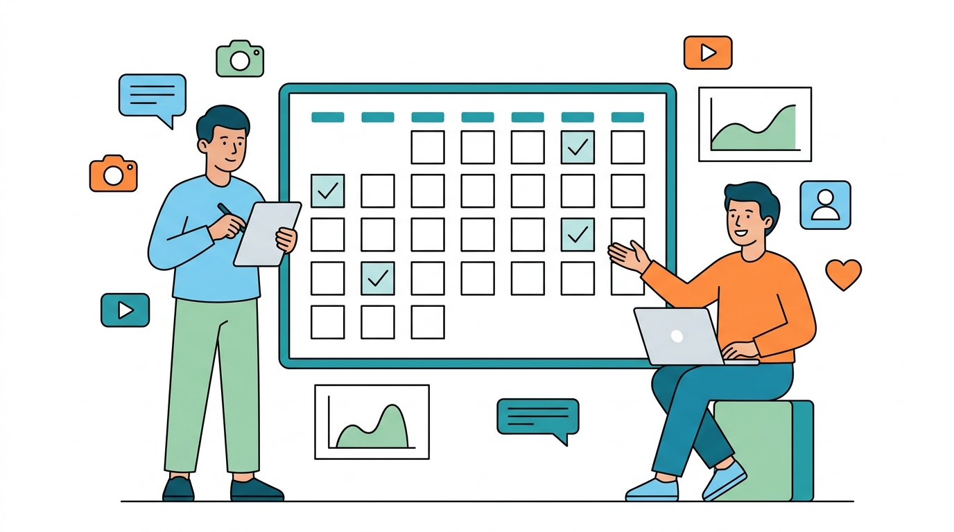 An illustration of a team planning their social media schedule