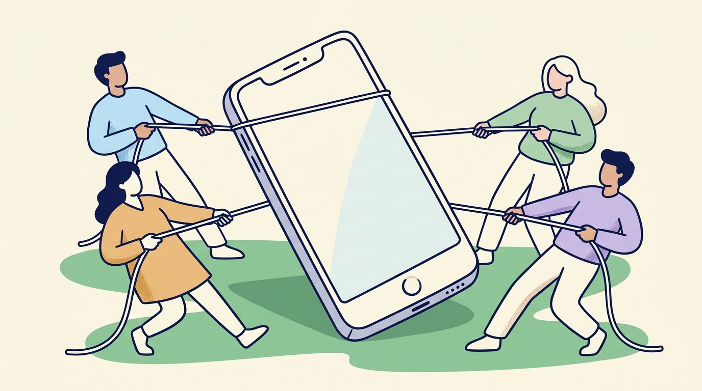 Tech Competition on the Rise A graphic showing multiple men tugging on a smartphone, showing how intense competition is getting today.