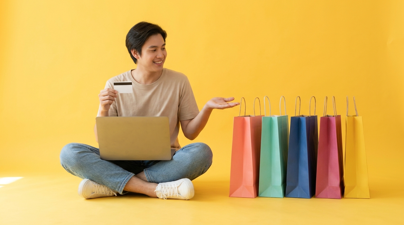 A Happy Customer Buying on a Computer A photo of a man sitting in front of a computer, holding up a credit card with shopping bags next to him.