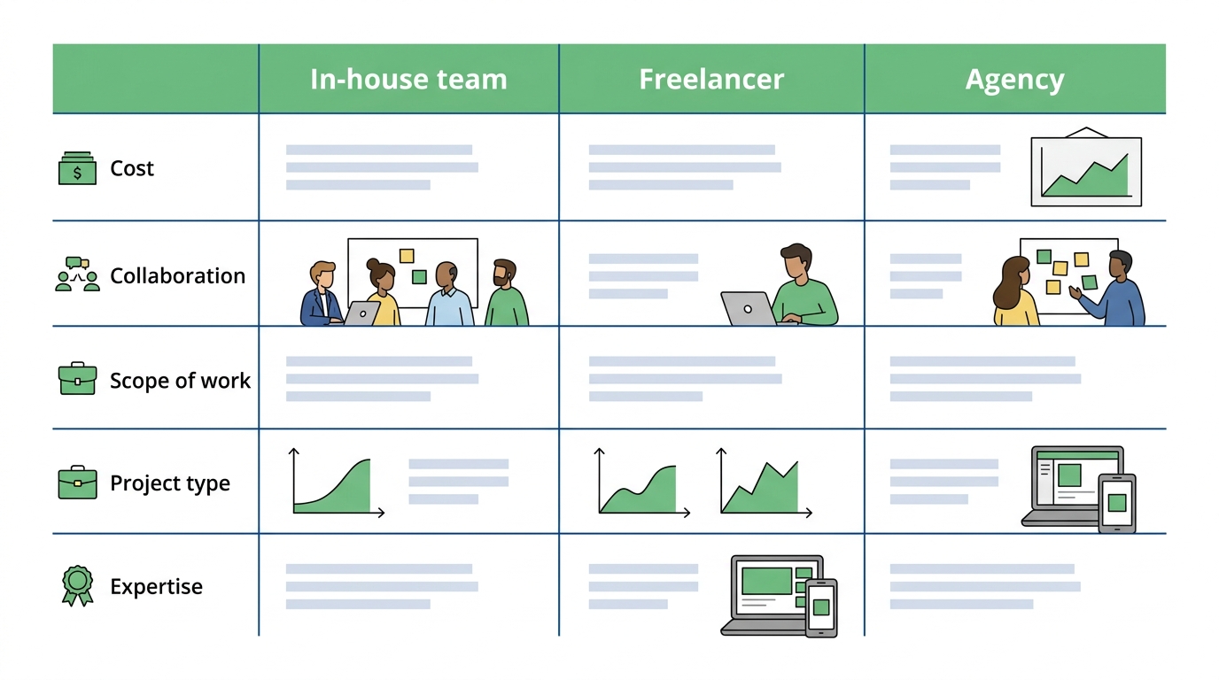 Table comparing an in-house team, agency, and freelancer