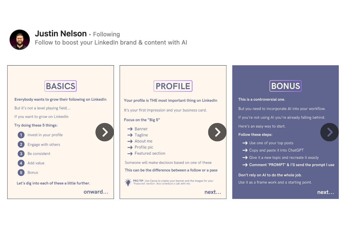 Example of a LinkedIn carousel featuring educational tips
