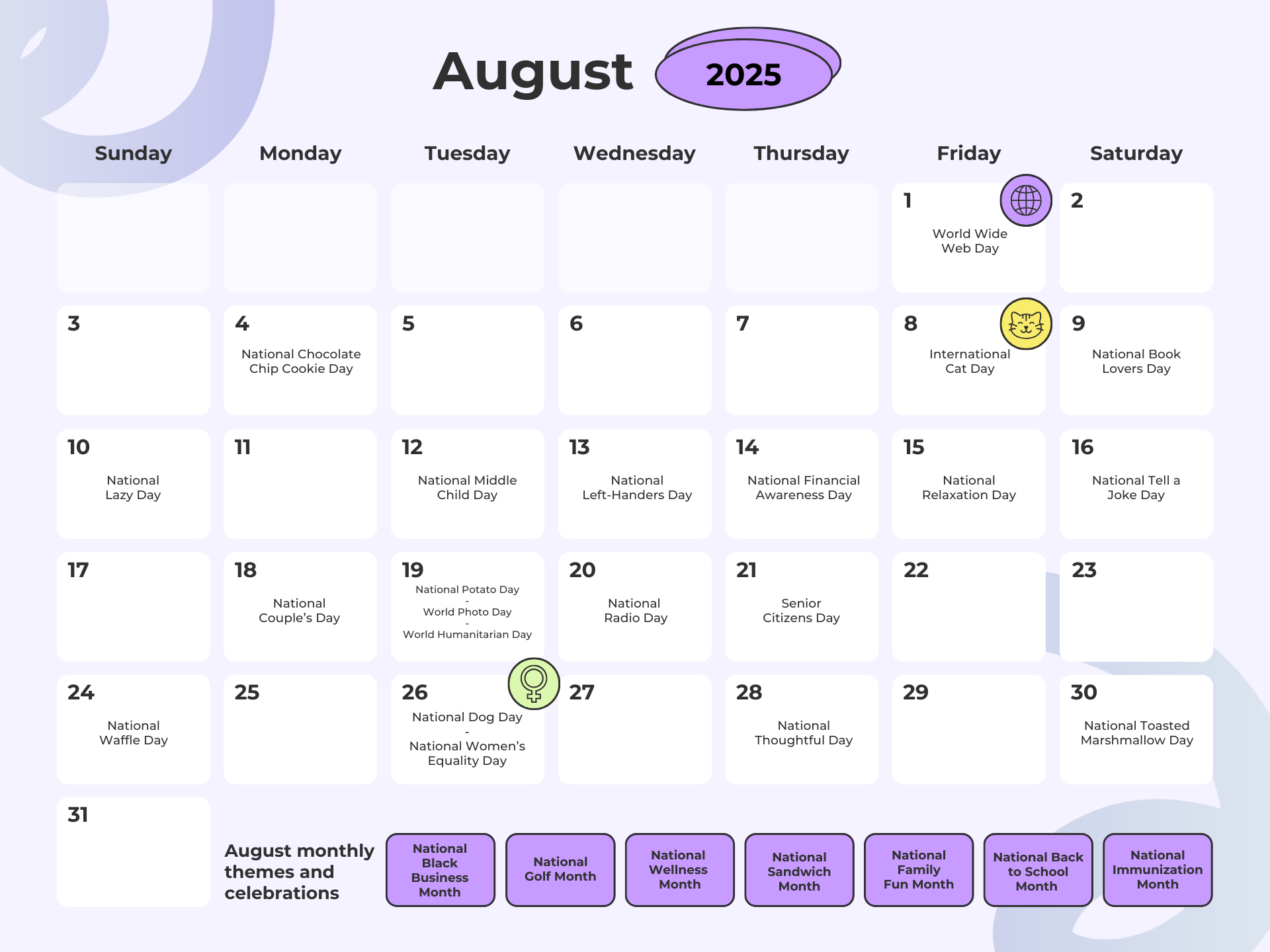 August social media holidays calendar