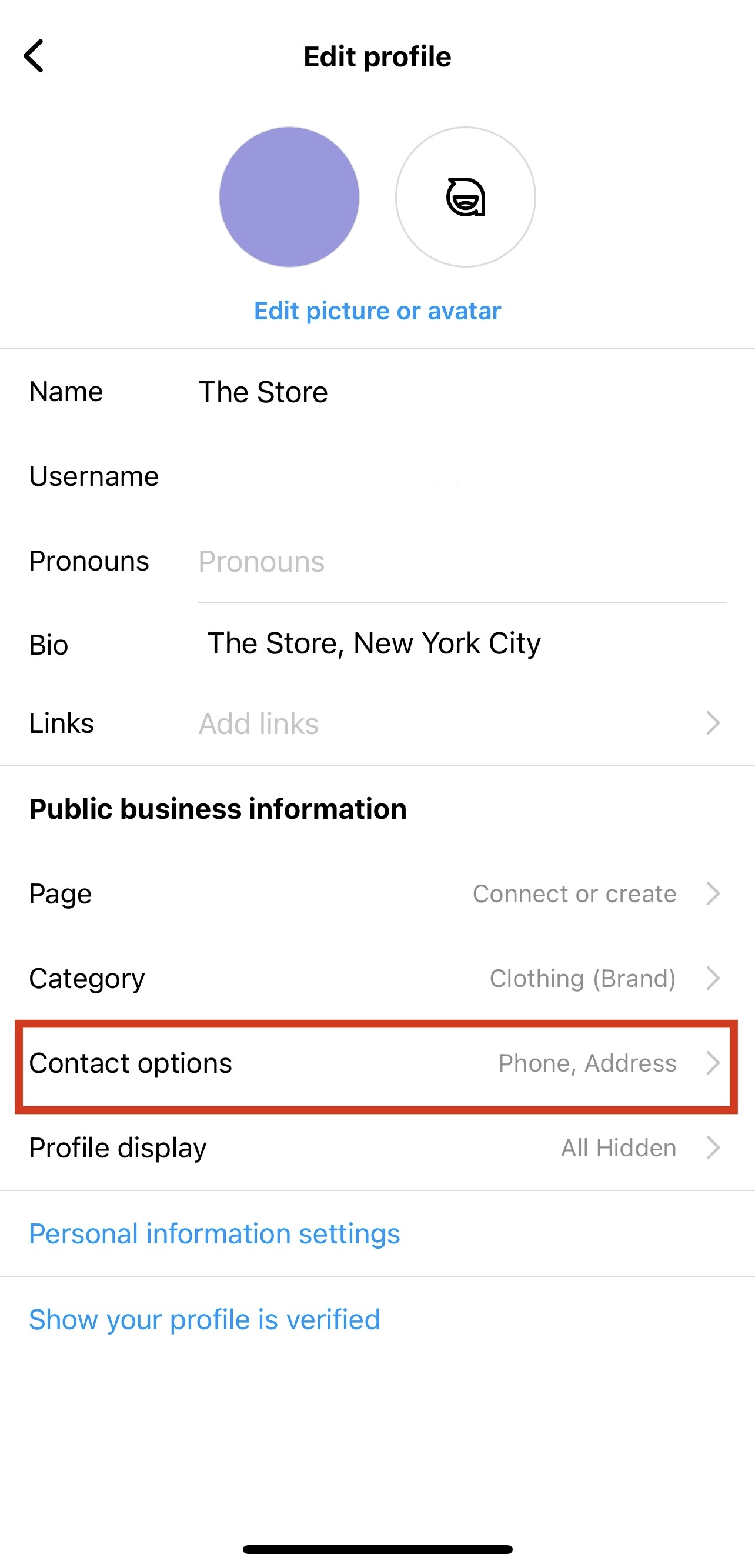 location in instagram bio - open contact options