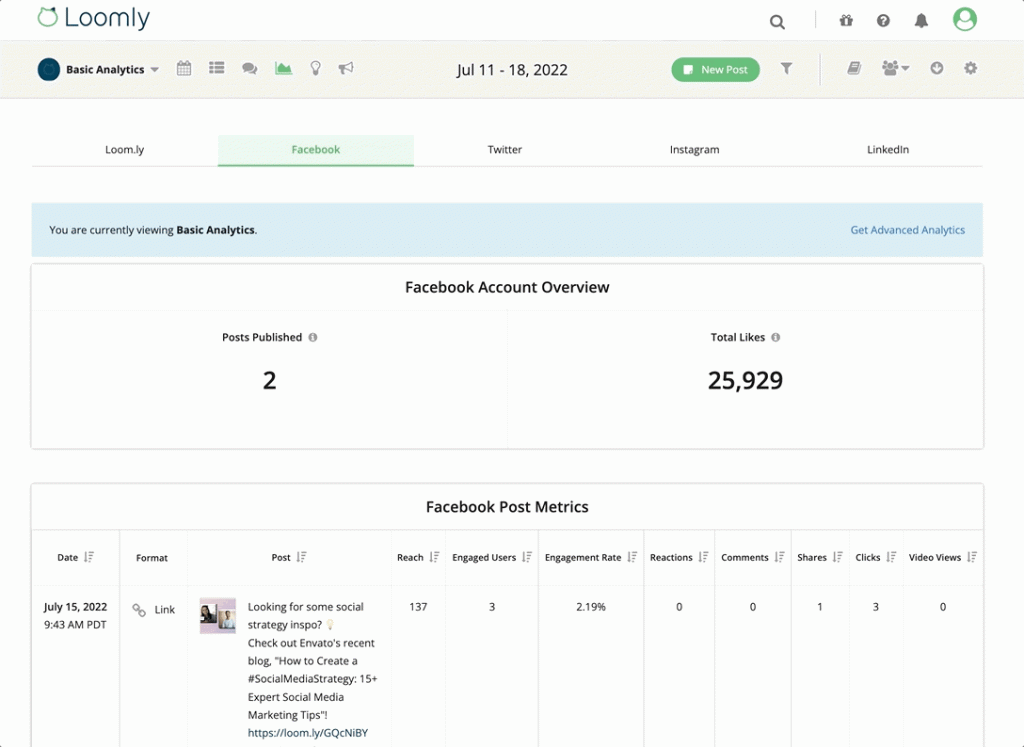 GIF showing Loomly's basic analytics dashboard