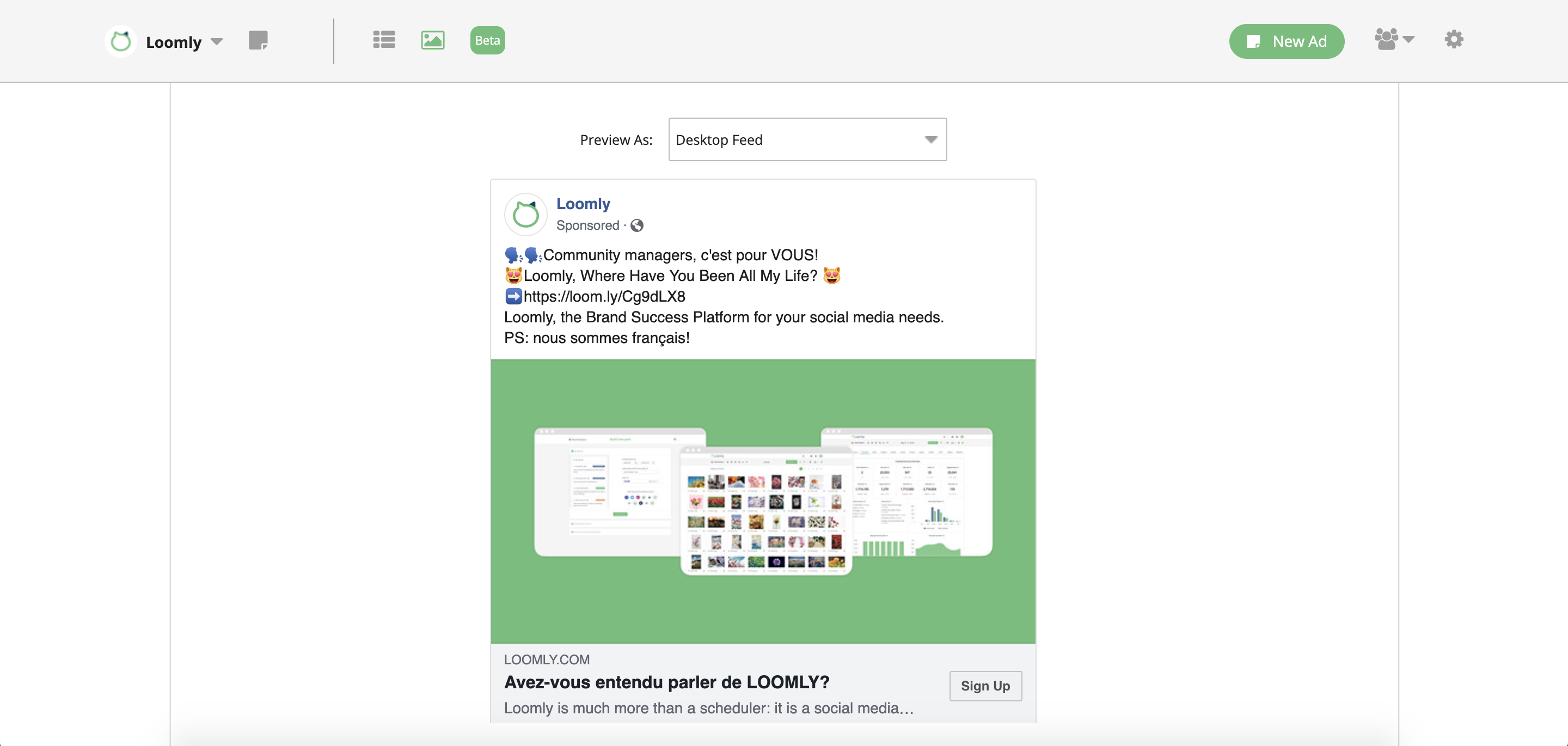 Facebook Photo Ads Example Loomly Product Screenshots