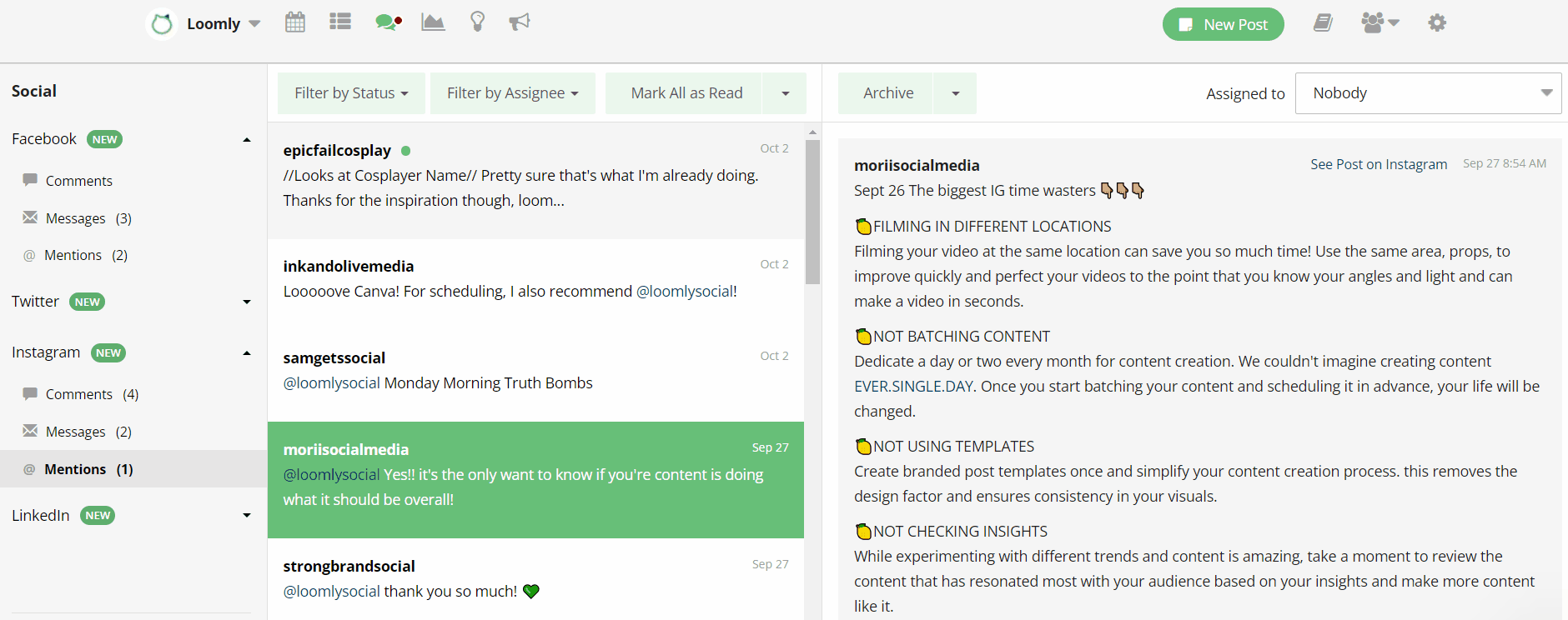 GIF showing how to assign Loomly Interactions to a teammate and then how to filter by that teammate