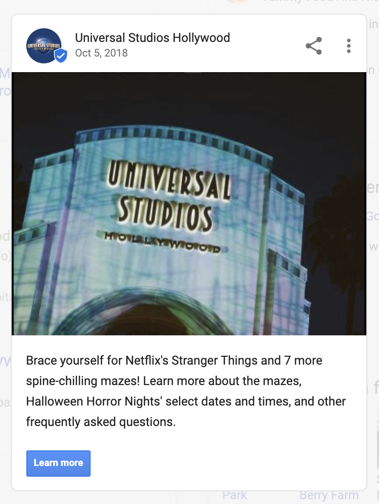 Google My Business Universal Studios Hollywood What's New Post