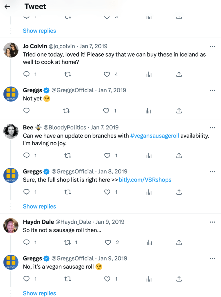 Screenshot of replies to Greggs sausage roll tweet