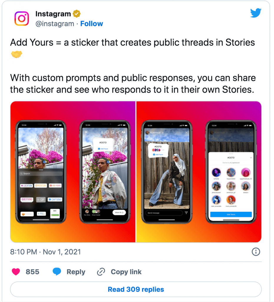 Instagram's "Add Yours" Sticker Instagram's "add yours" sticker announcement