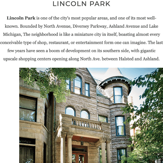 Community page for a real estate website to showcase local areas.