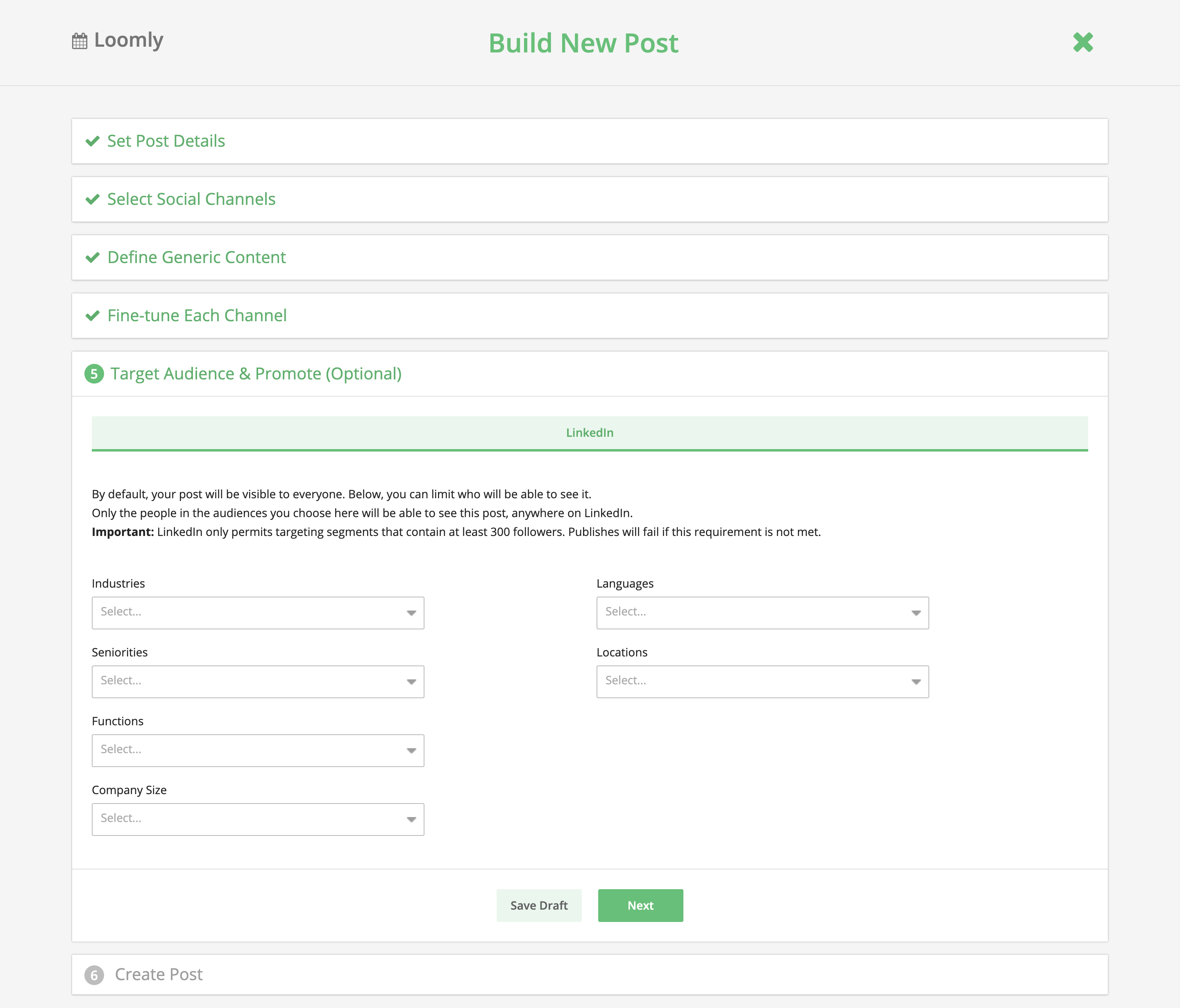 Linkedin Audience Targeting Loomly Post Builder