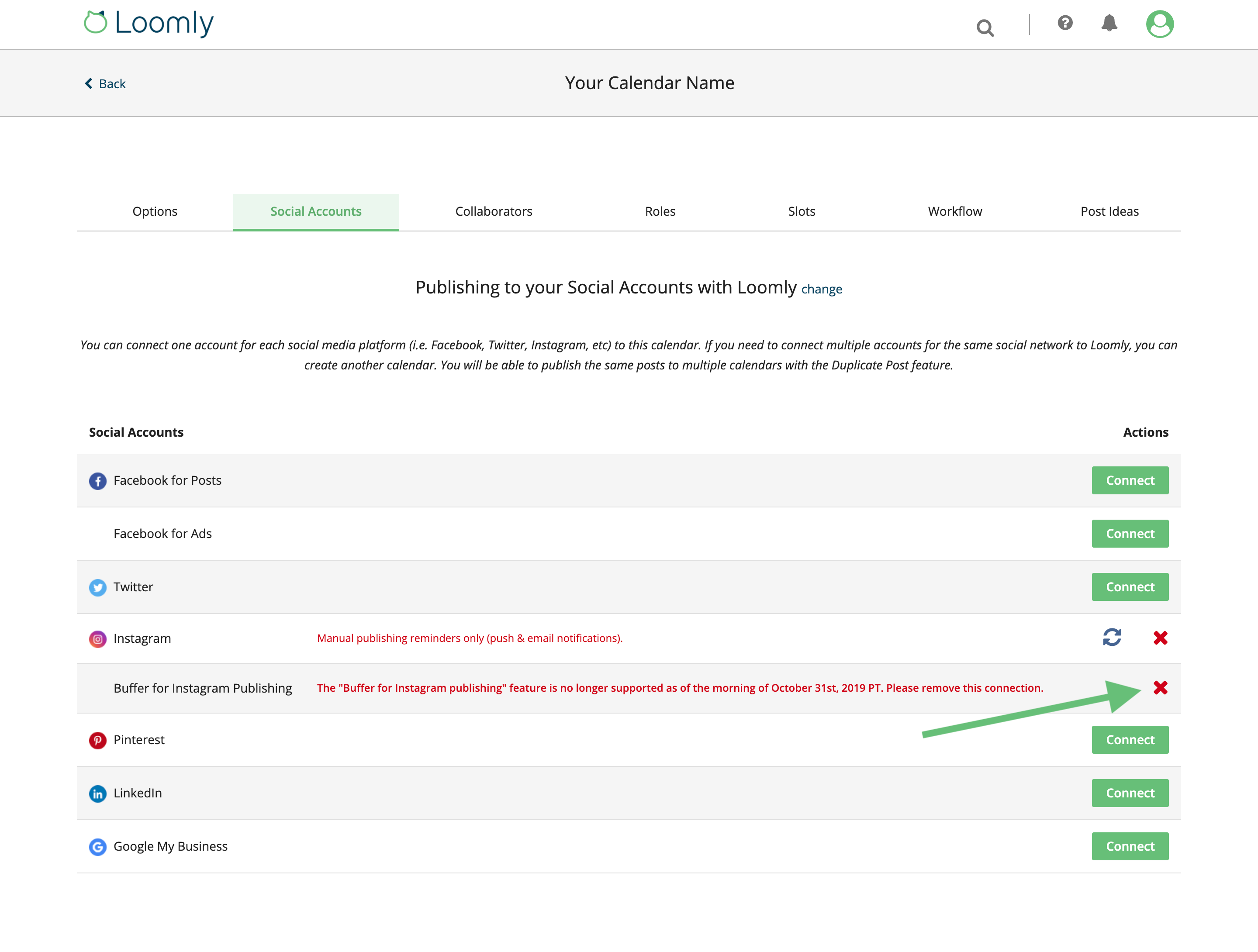 Loomly Buffer Integration Sunset Remove Connection