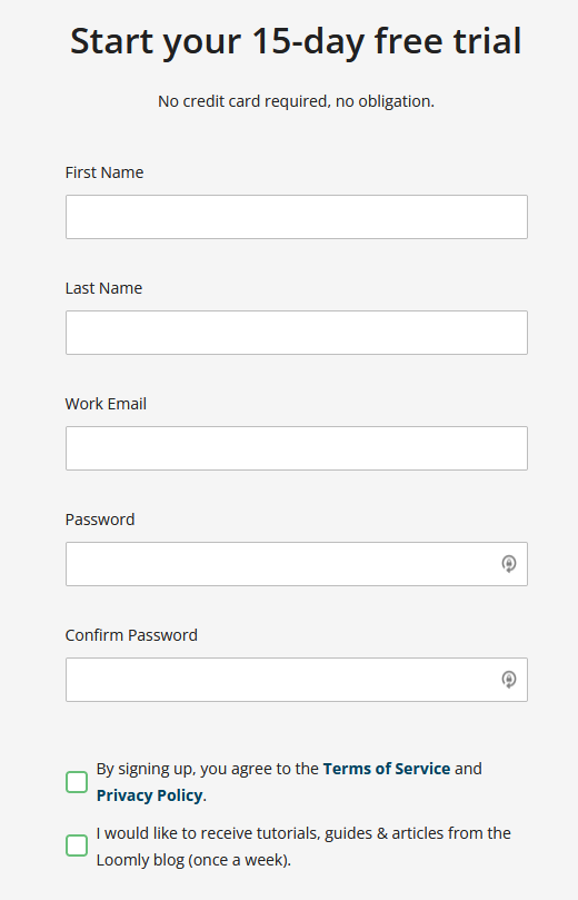 Loomly Sign-Up Page Sign-up for Loomly with your name, email, and password.