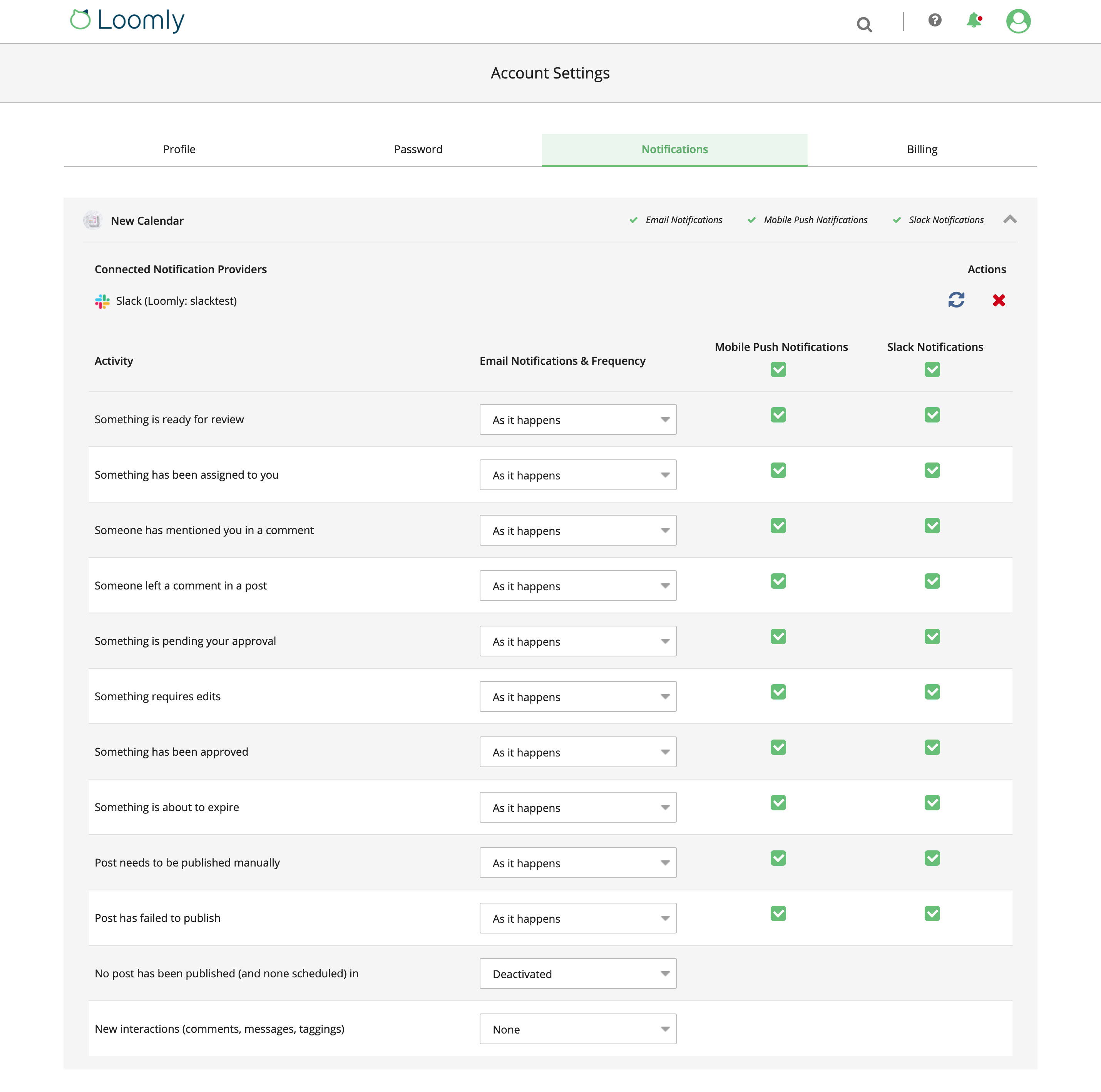Loomly Slack App Notification Preferences