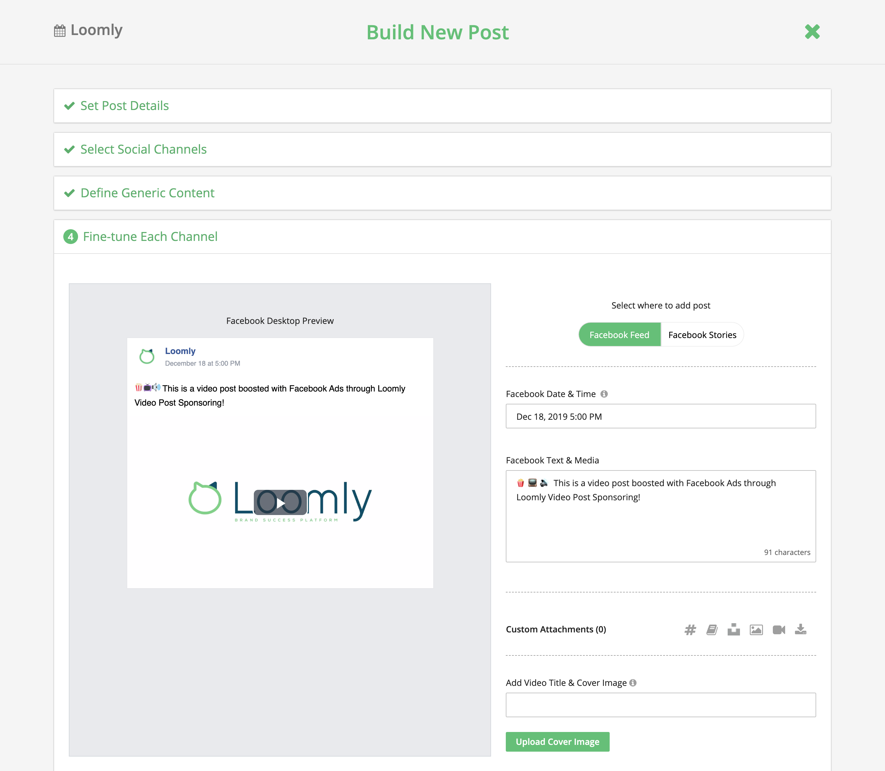 Loomly Video Post Sponsoring Upload Video