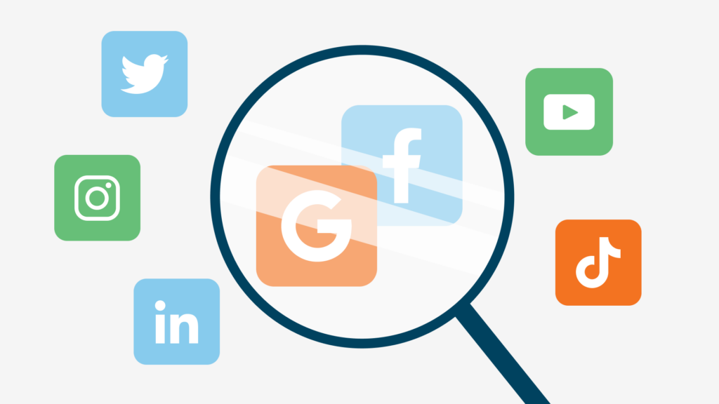 Root Cause Analysis An image of a magnifying glass and various popular social media platforms.