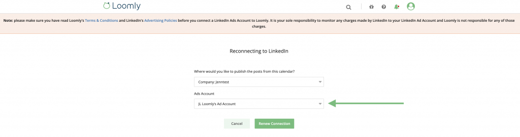 Loomly screen for selection of LinkedIn Ad account for post sponsoring
