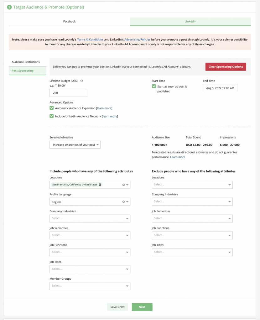 Define LinkedIn Ad campaign parameters within Loomly
