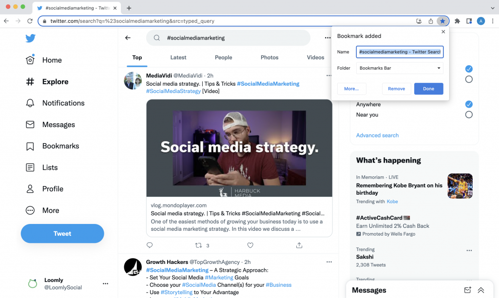 Saving a bookmark of a twitter hashtag search