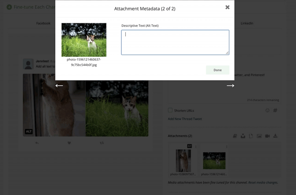 Loomly's Social Media Management platform, showing the series of steps needed to add alt text to images for social media posts