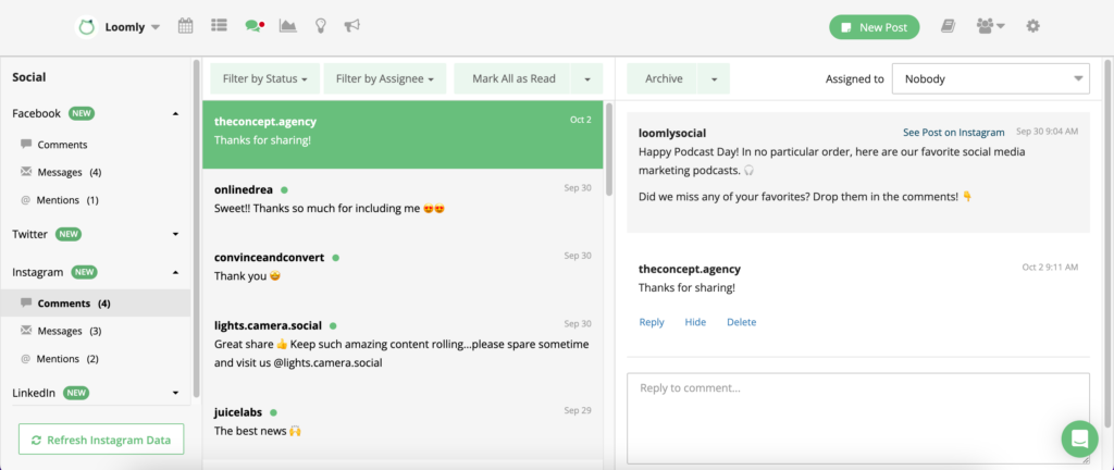 View of the new Loomly Interactions dashboard set on the Instagram tab with NEW tags to show messages that have not yet been read.