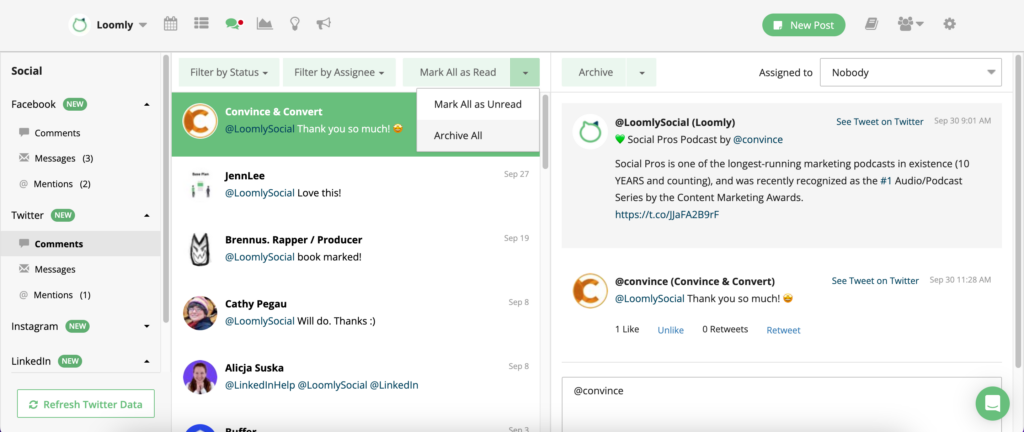 Loomly Interactions dashboard showing how to Archive all messages.