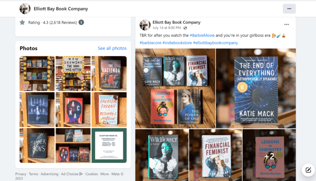 Example of local business Facebook content