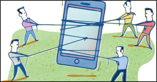 Tech Competition on the Rise A graphic showing multiple men tugging on a smartphone, showing how intense competition is getting today.