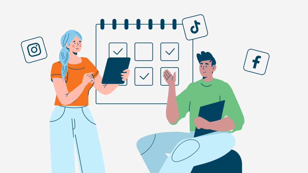 An illustration of a team planning their social media schedule