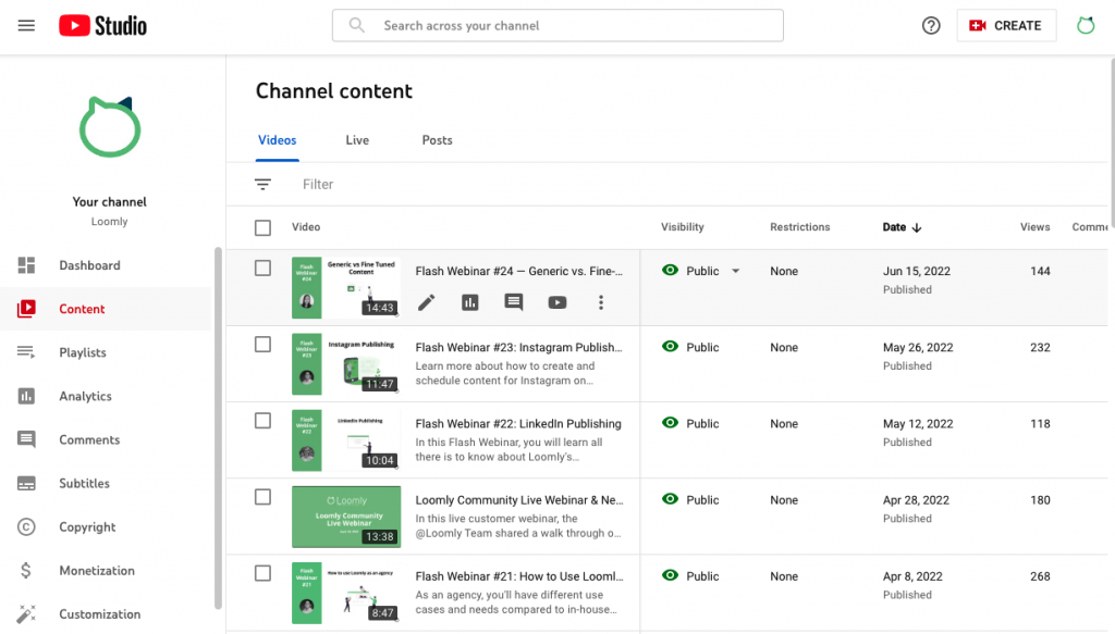 YouTube channel content