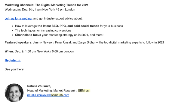 email marketing campaign type sem rush webinar invite