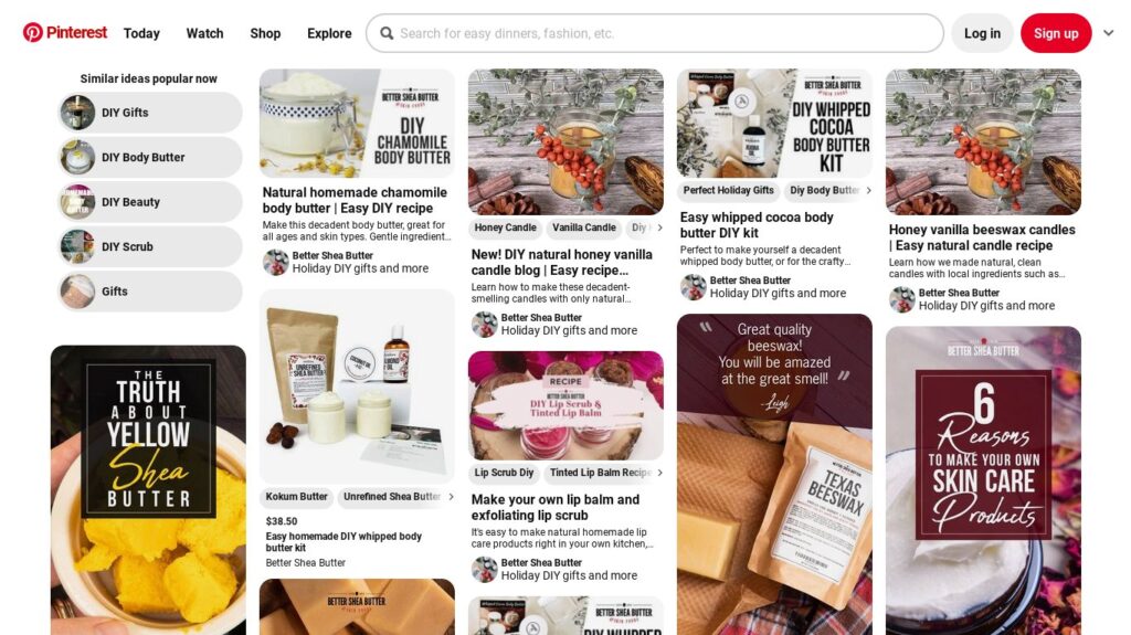 Better Shea Butter Pinterest Board Screenshot of BSB's gifts pinboard