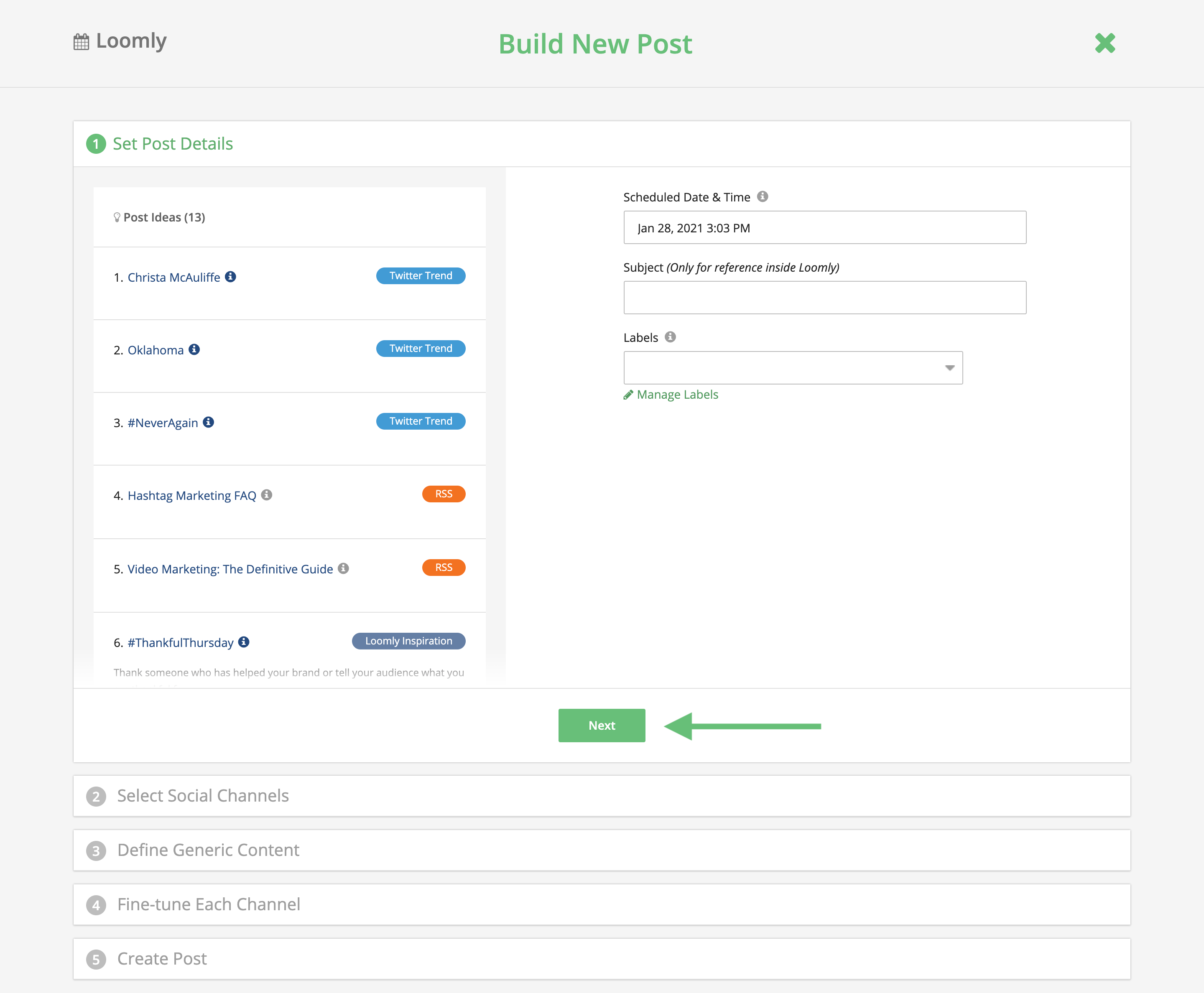 introducing loomly instagram direct publishing post builder step 1 create post