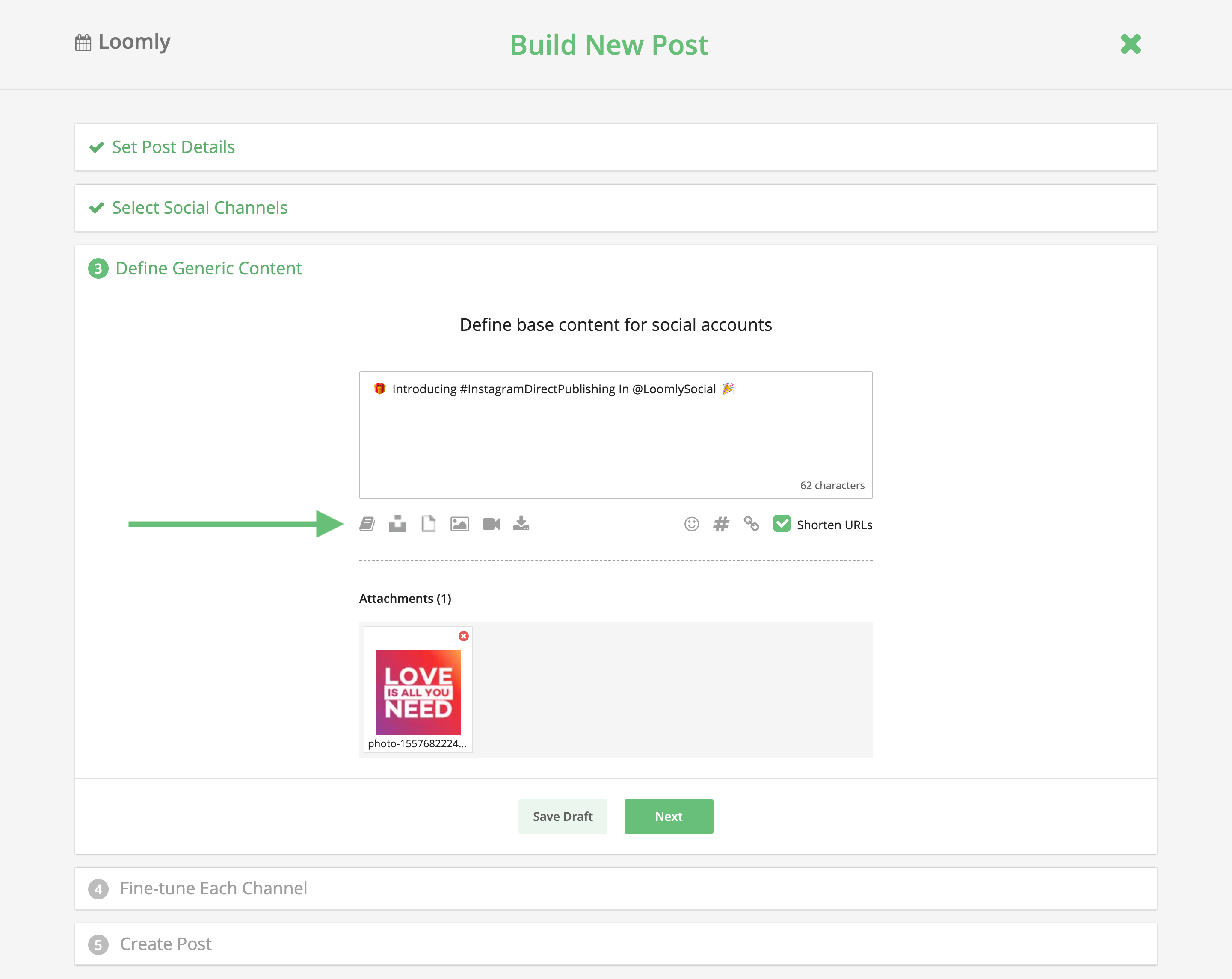 introducing loomly instagram direct publishing post builder step 3 define generic content photo video