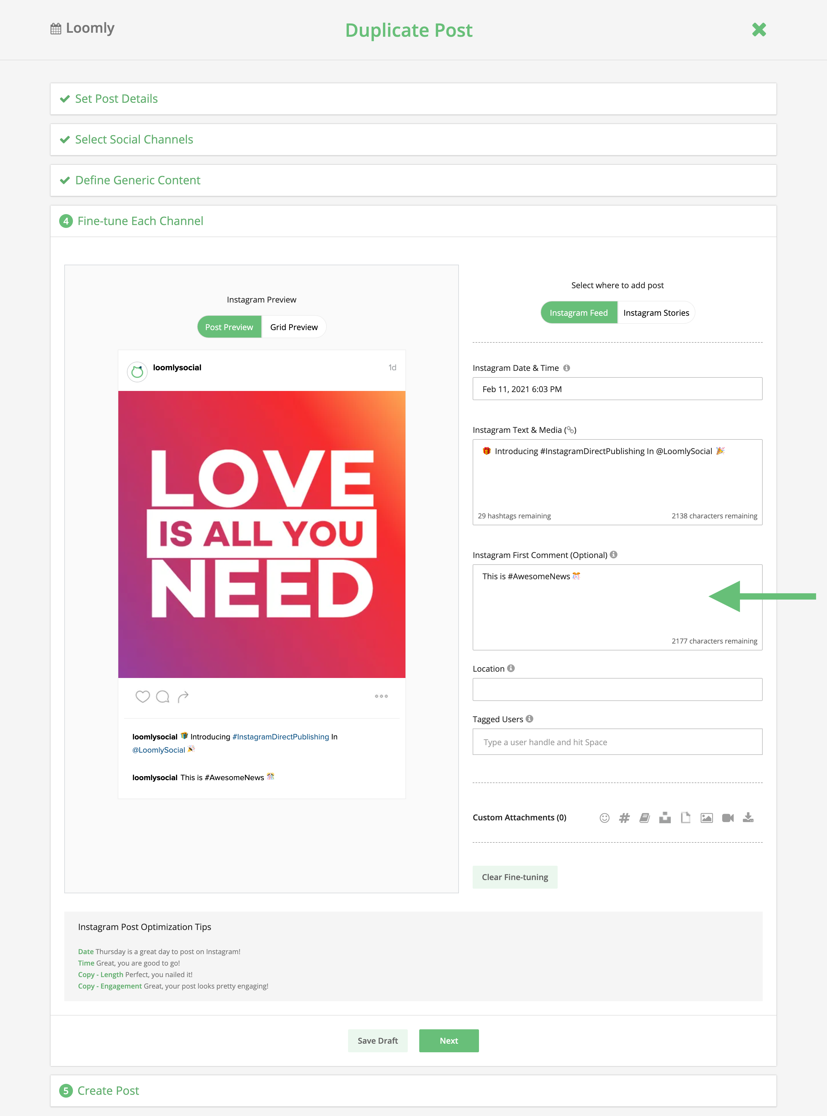 introducing loomly instagram direct publishing post builder step 4 fine tune content for instagram including first comment optional