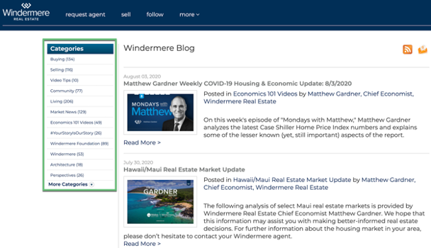 The blog section of a real estate website