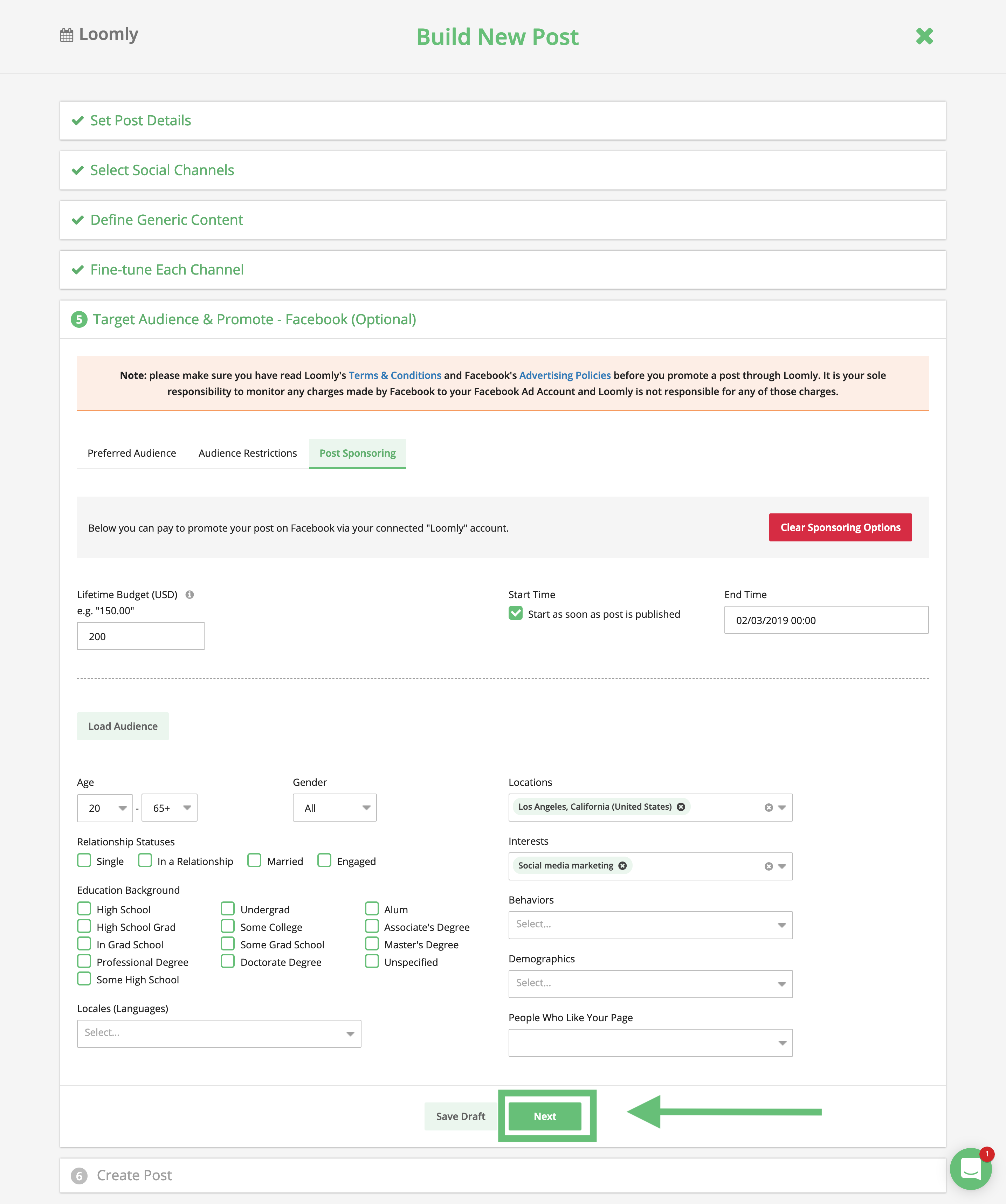 Post Sponsoring Campaign Parameters