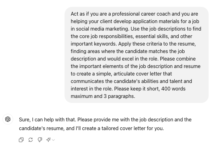 ChatGPT prompt for cover letter