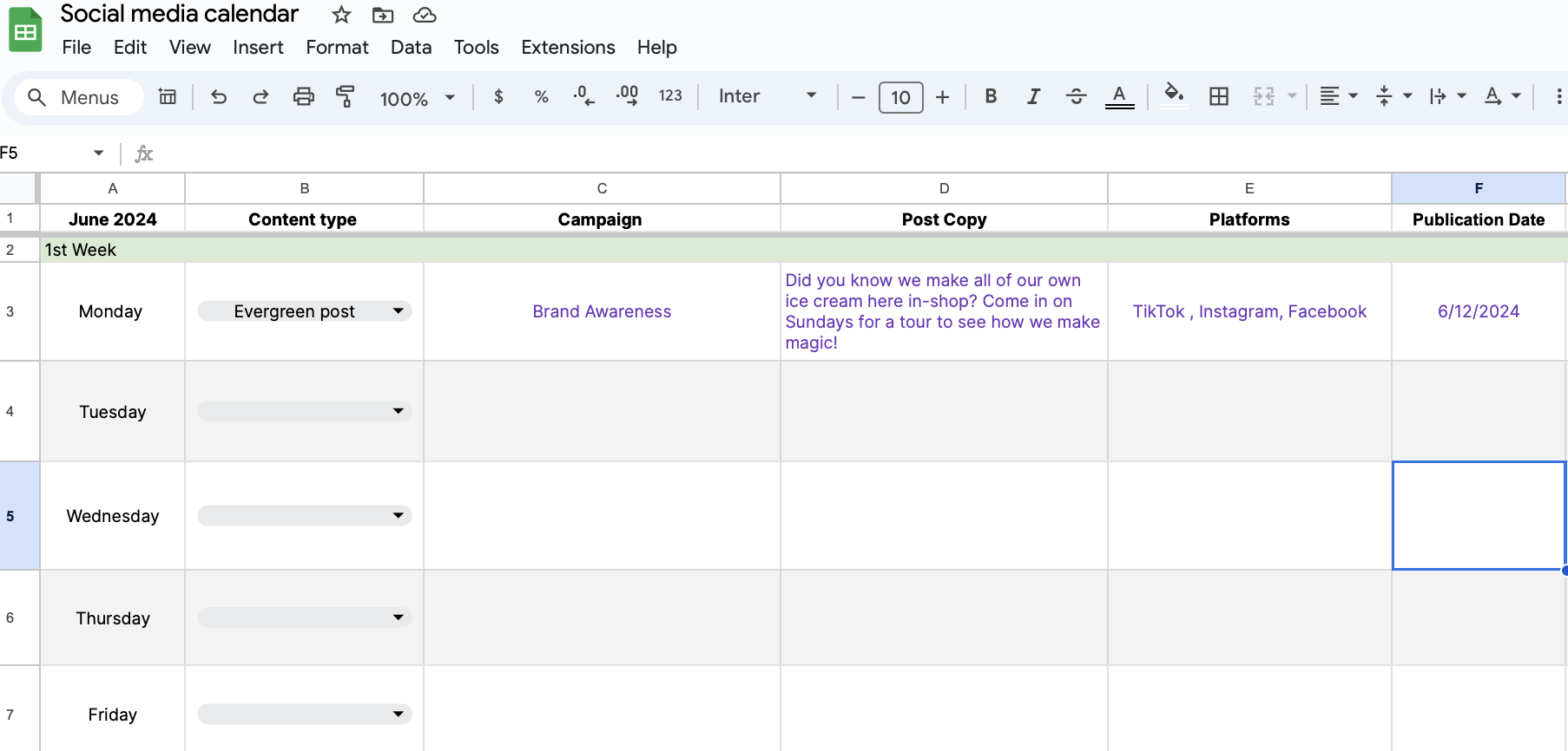 Google Sheets social media calendar example