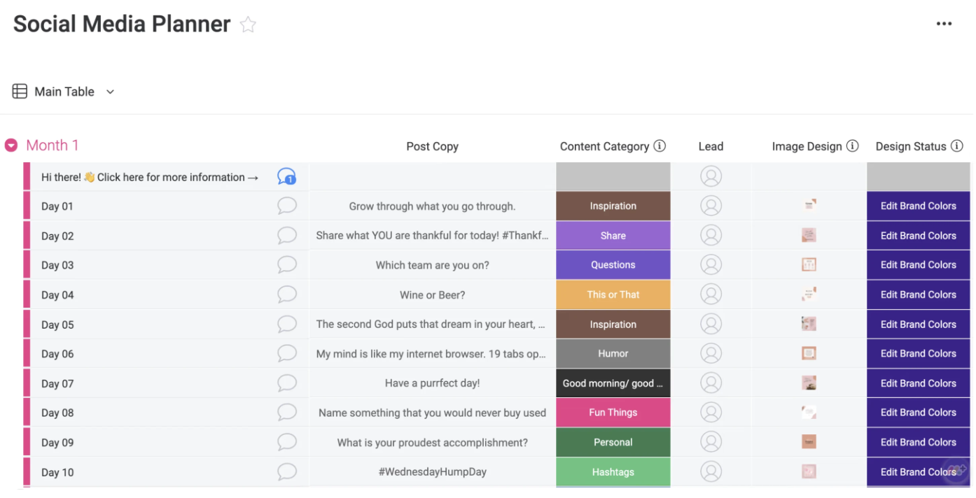monday.com social media calendar example