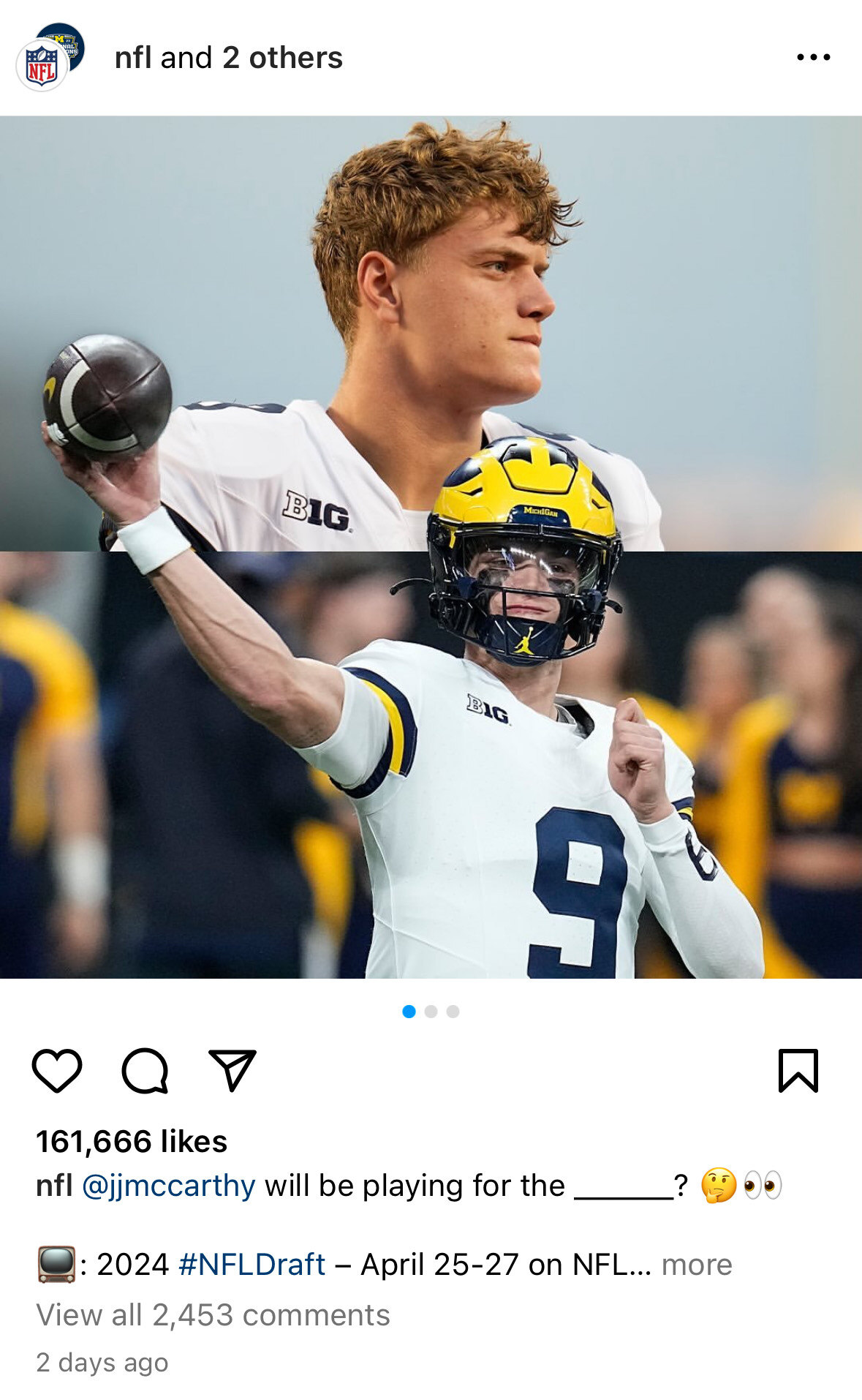 An NFL post with a high comment rate on Instagram