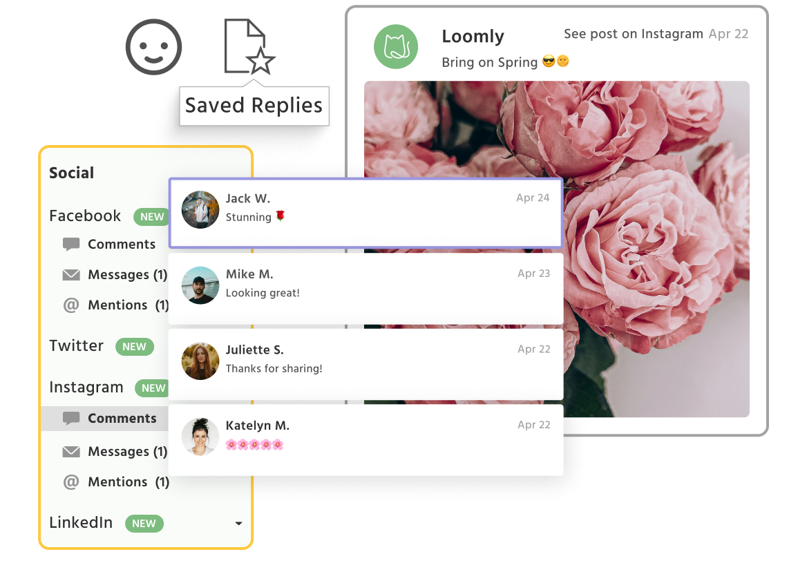 Loomly interactions dashboard displaying social channels like Facebook, Twitter, Instagram, and LinkedIn with audience comments