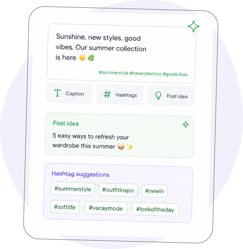Captions, hashtags, ideas, and full posts — in one click